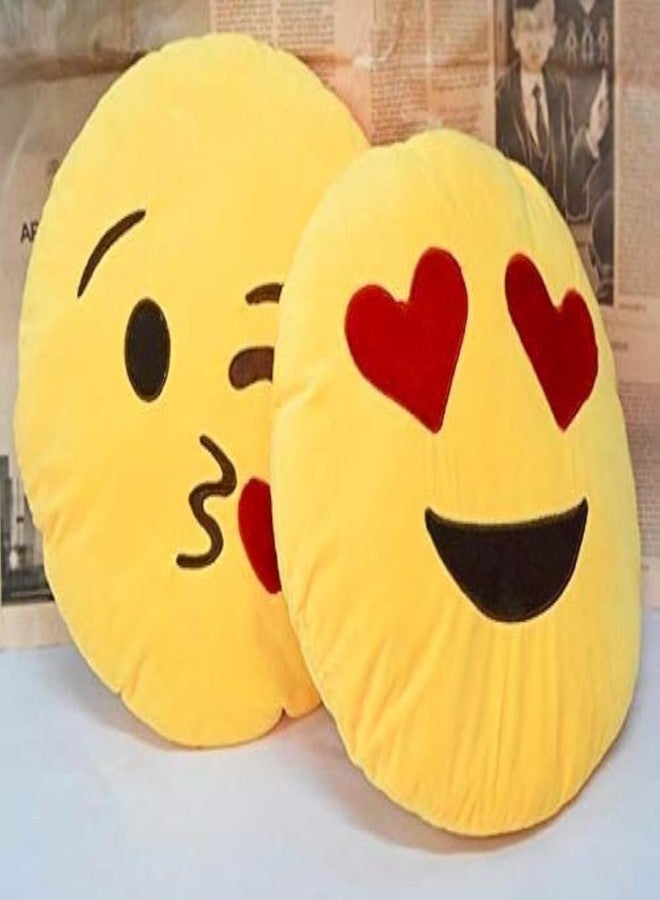 Naturex Naughty & Flying Kiss Smiley Emoji Microfiber Plush Stuffed Pillow Cushion Combo Pack of 2 (Yellow, 35cm Long) - Image 1